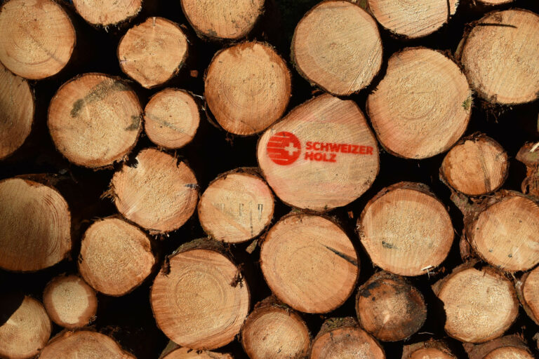 Auf dem Foto sind aufgeschichtete Baumstämme zu sehen. Sichtbar ist die runde Schnittfläche, auf einem der Stämme ist das rote Logo von Schweizer Holz zu senen. Schweizer Holz ist ein gutes Zeichen für Nachhaltigkeit und Qualität. Fragen Sie nach Schweizer Holz.